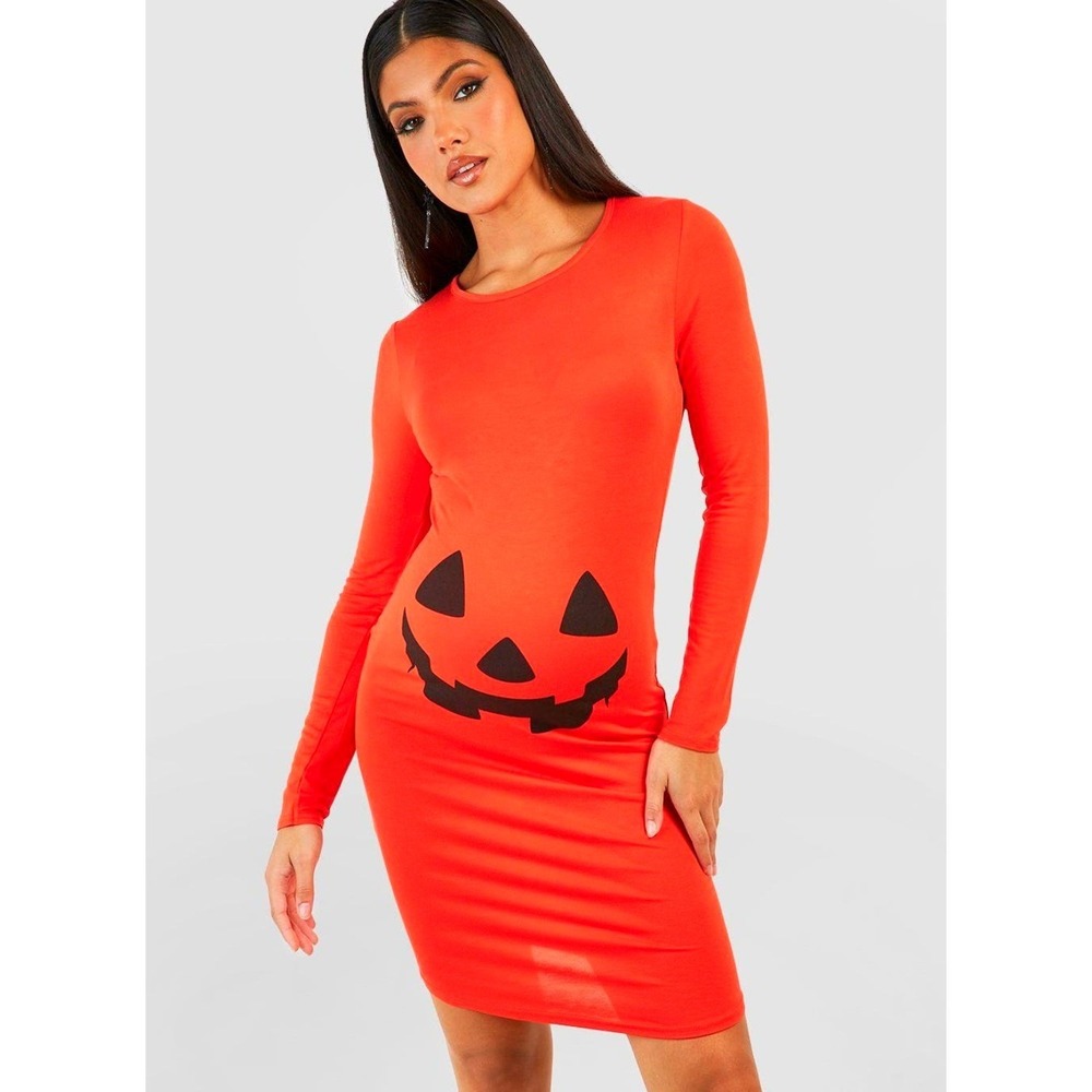 New Medium Maternity Pregnancy Halloween Bodycon Dress‎ Orange Pumpkin Costume